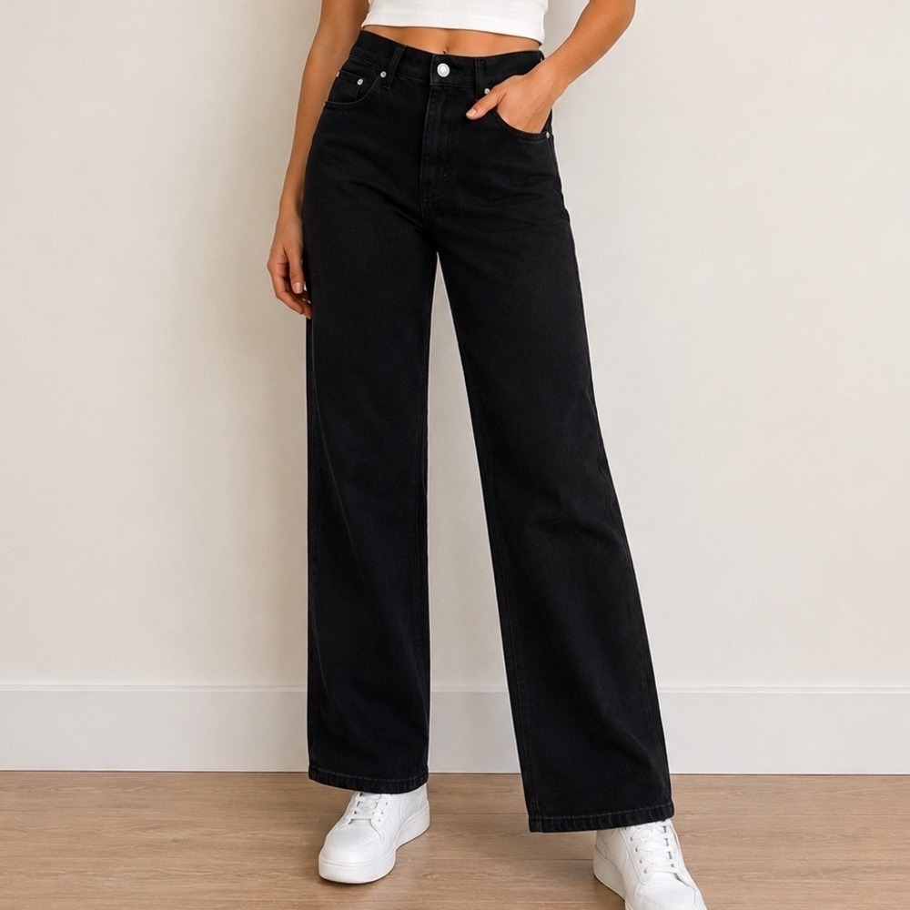 Black Wide Leg Jeans Size L Relaxed Baggy Straight Leg 100% Cotton 90s Style